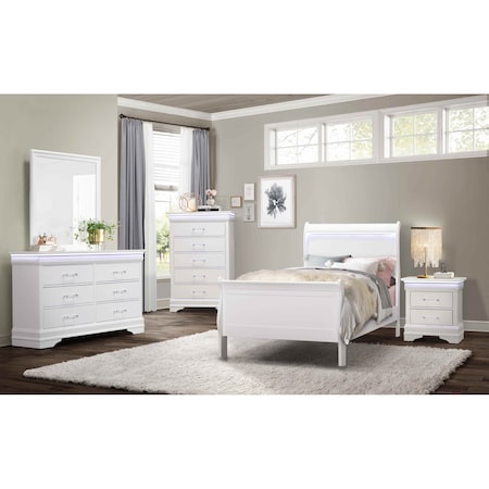 Global Furniture Usa Traditional Glam Crisp White W/ LED Charlie White Twin Bed, Desk With Hutch, Nightstand And Chest 5276